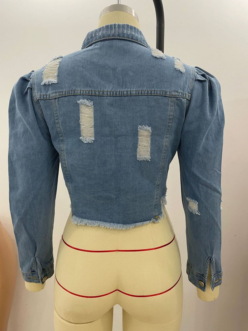 Ripped Bubble Sleeve Denim Jacket GQDH 911