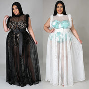 Plus Size Sleeveless Romper Mesh Dress 2 Piece Set NNWF 7135