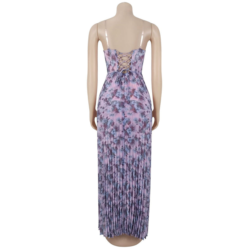 Floral Print Pleated Chiffon Maxi Dress BY 7751