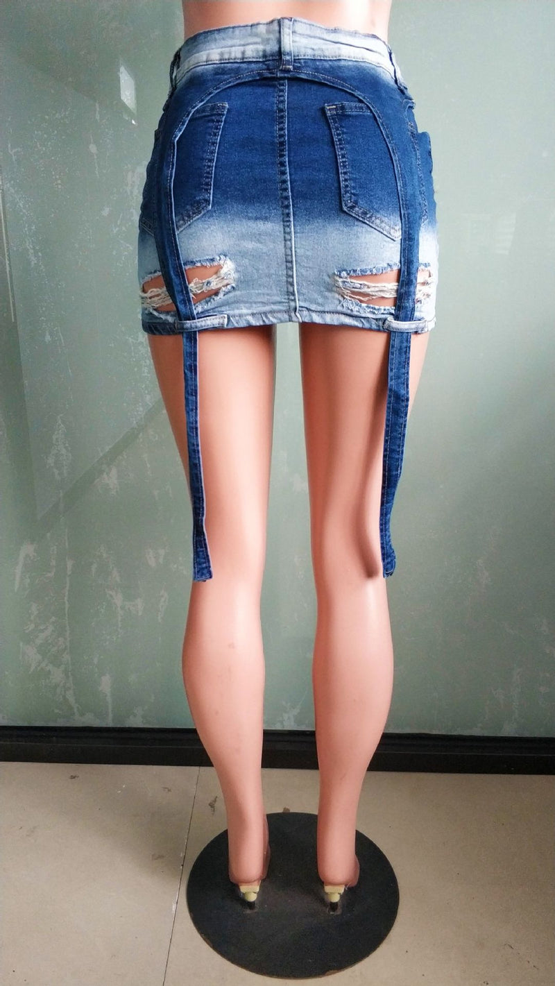 Slim Fit Ripped Fluttering Denim Skirt LX 6961