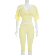 Deep V Neck Ruched Top Two Piece Pants Set MXBF J26ST224