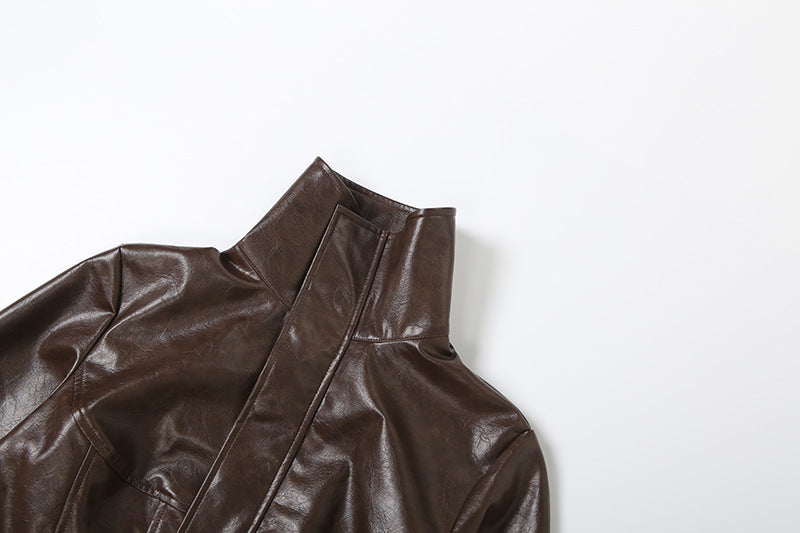 High Neck Solid Color Short Zipper PU Leather Jacket XEF K25C84468