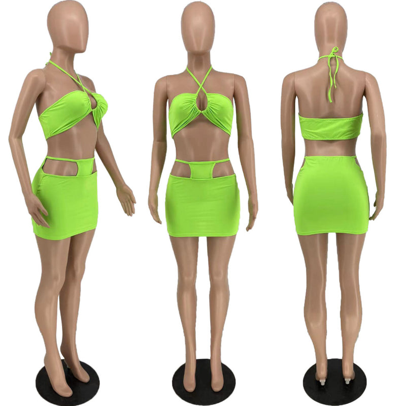 Solid Sexy Halter Hollow Out Mini Skirt 2 Piece Sets YH 5255