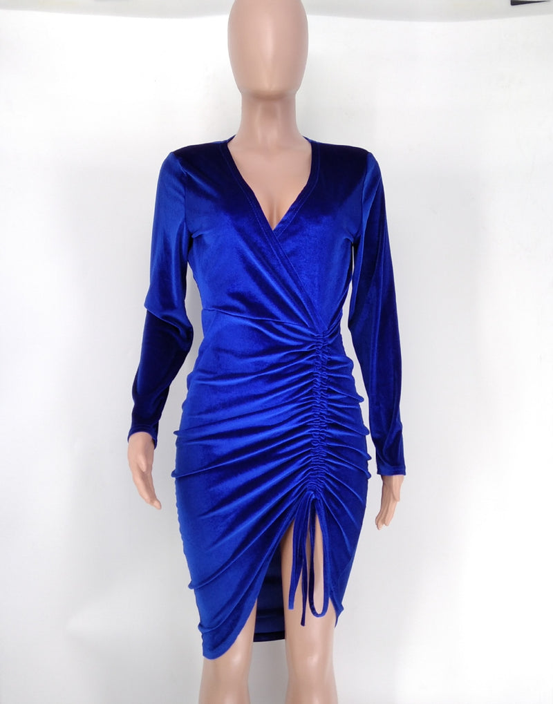 Sexy Velour V Neck Drawstring Bodycon Dress XMY 9342