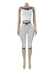 Print Bow Tie Camisole Top Lace Fifth Pants Suit CH 26020