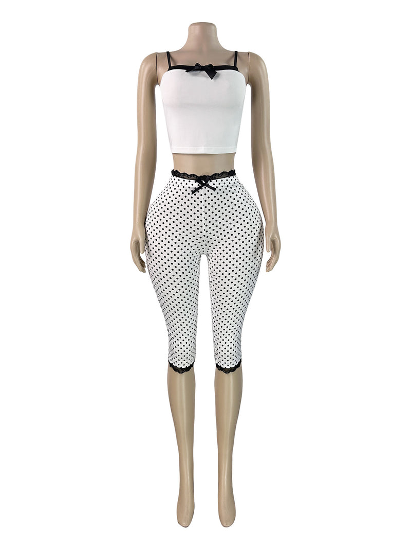 Print Bow Tie Camisole Top Lace Fifth Pants Suit CH 26020