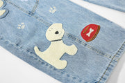 Plus Size Plaid Patchwork Embroidered Puppy Jeans GYLN 2956