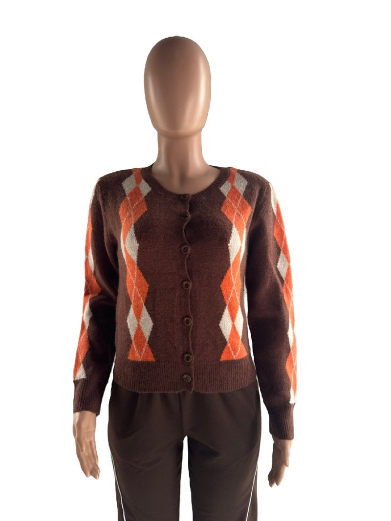 Plus Size Diamond Plaid Color Blocked Sweater Coats YMEF 59125