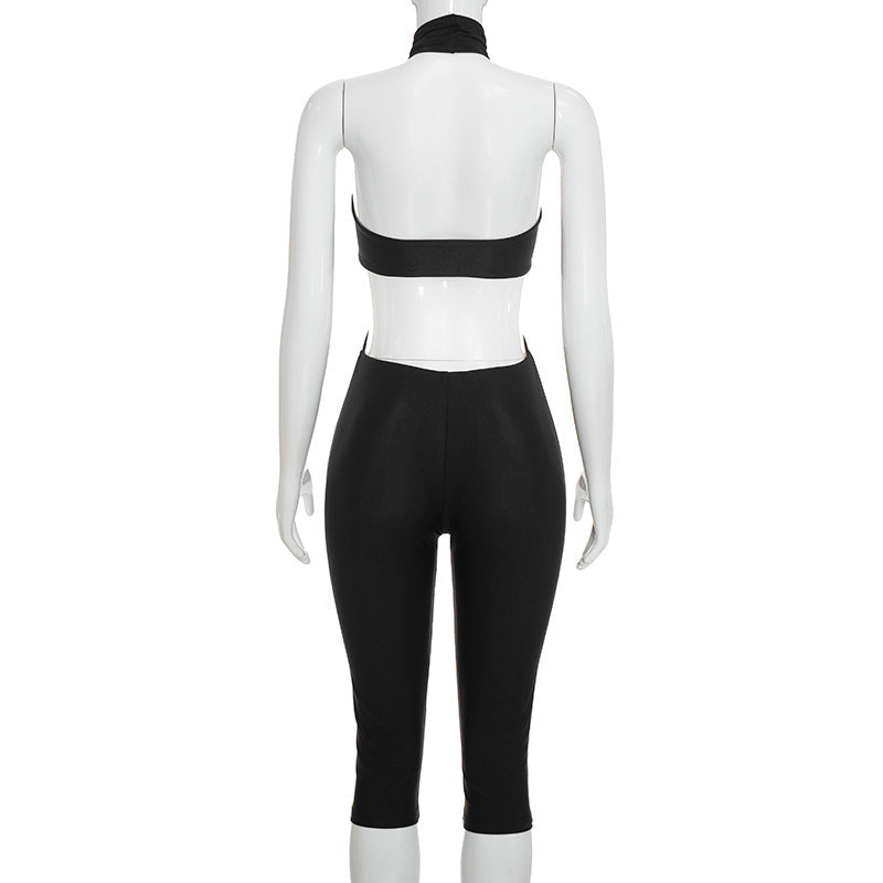 Solid Color Hollow Out Backless Seventh Jumpsuit MXBF C26JP306