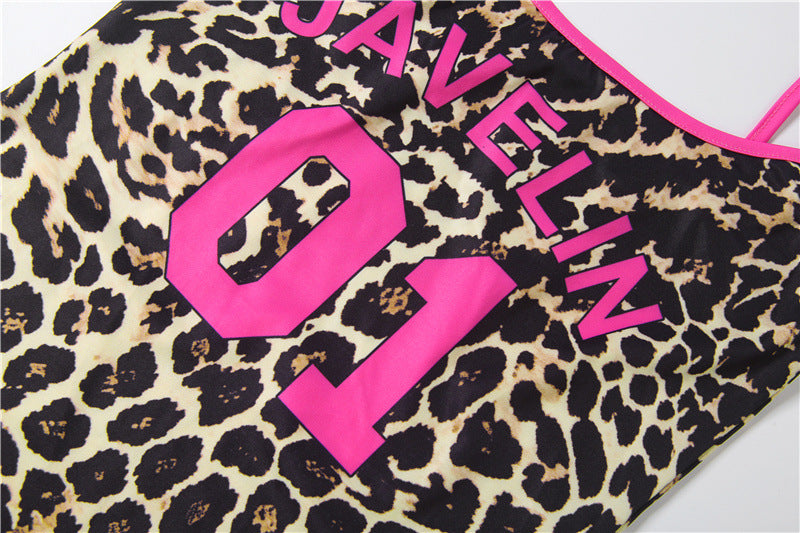 Letter Leopard Print U Neck Mini Dress DLSF K6D11196A