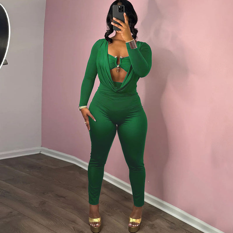 Solid Color Wrap Chest Long Sleeve Jumpsuit XEF K25Q77505